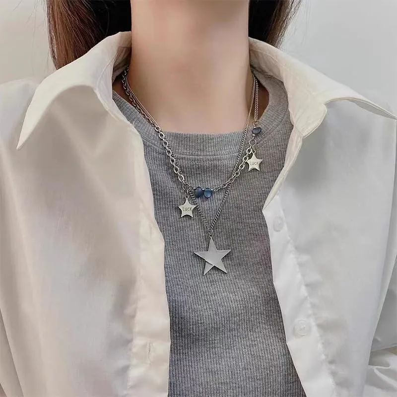Vintage Star Necklace Y2K Jewelry Fairy Grunge Necklace Cute Double Layer Alt Necklace Y2K Accessories