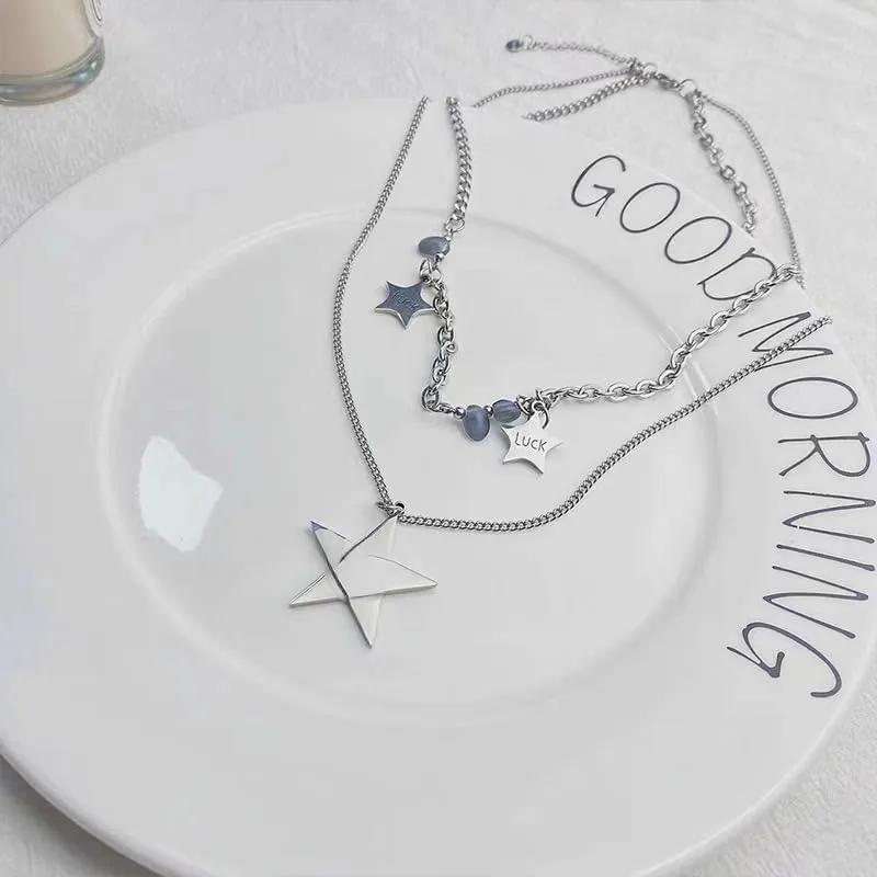 Vintage Star Necklace Y2K Jewelry Fairy Grunge Necklace Cute Double Layer Alt Necklace Y2K Accessories