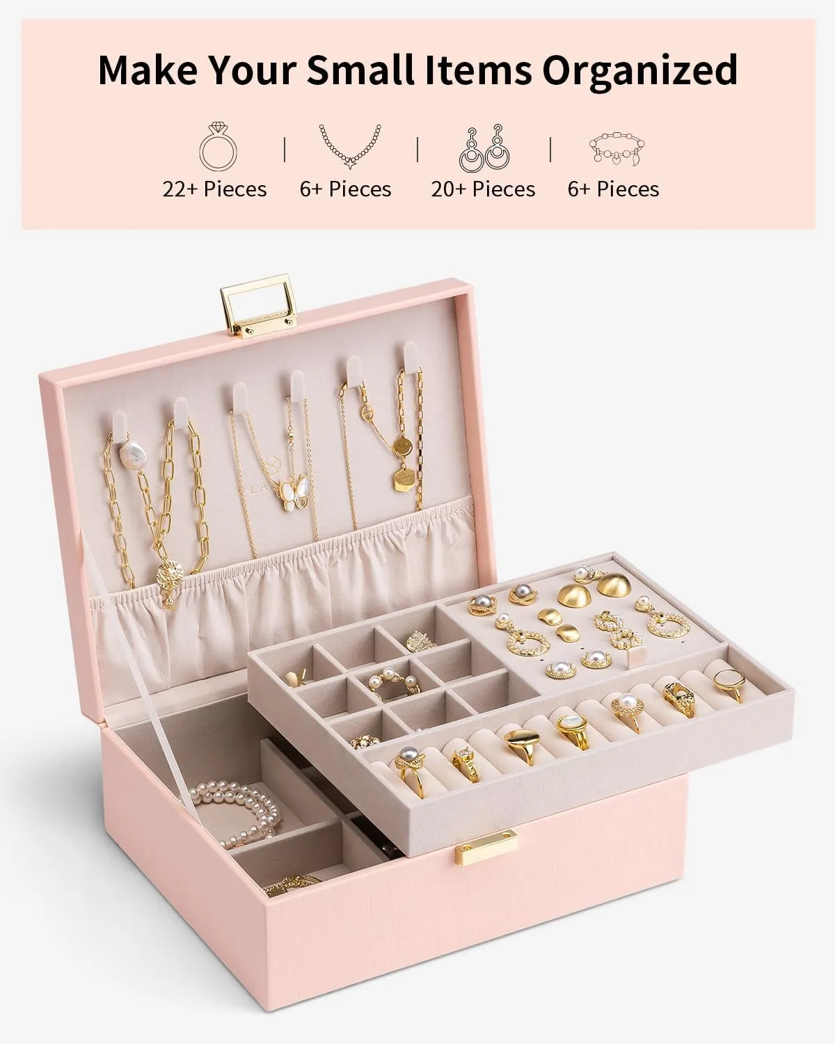 Vlando 2 Layer Jewelry Box Large Jewelry Organizer for Women Removable Jewelery Tray for Necklace Earrings Rings Bracelets Jewelry Boxes Gifts for Women (Pink)