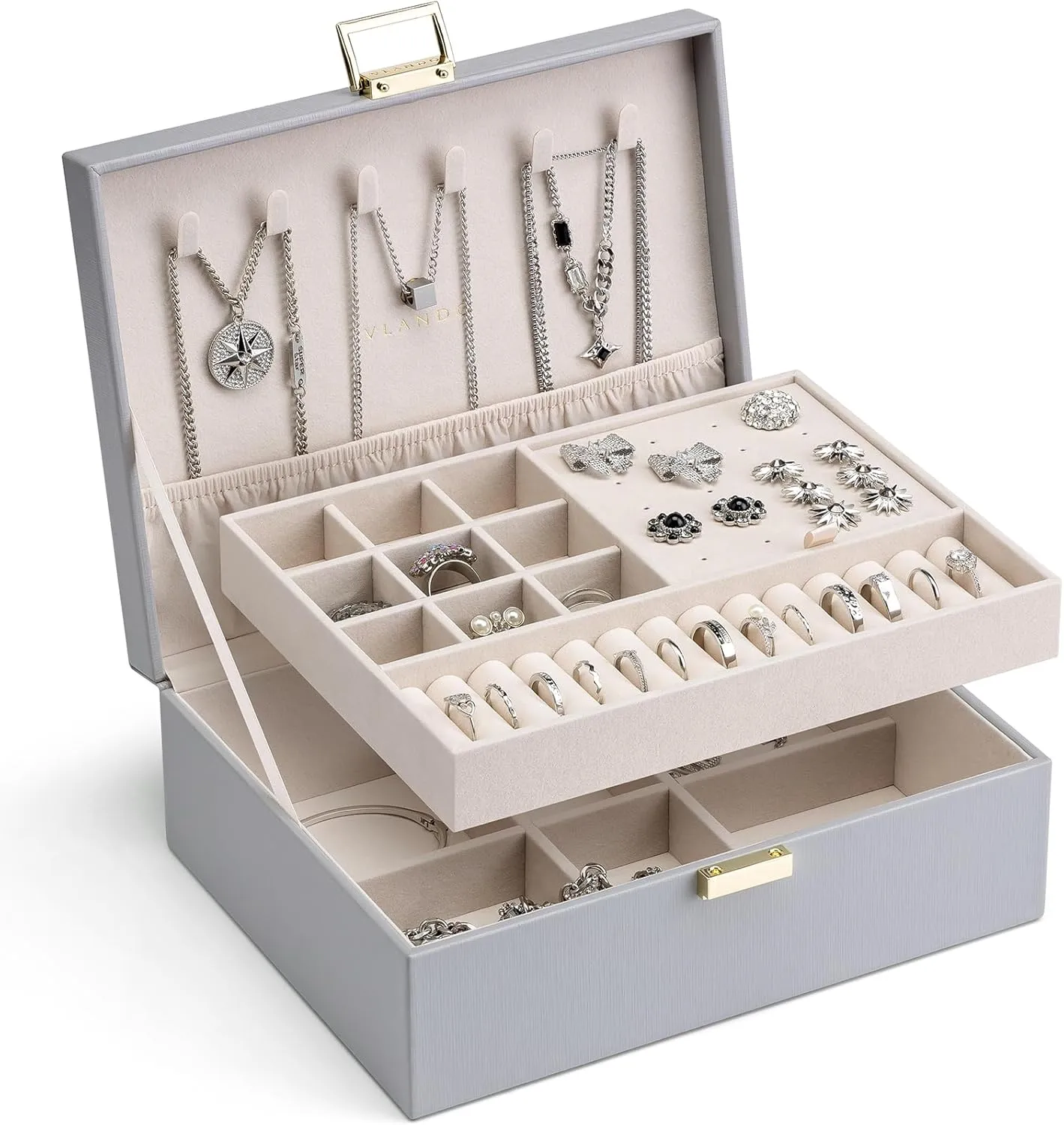 Vlando Jewelry Box for Women,Travel Jewelry Boxes,PU Leather Jewelry Boxes,2 Trays Jewelry Storage for Earrings Necklace Rings Grey