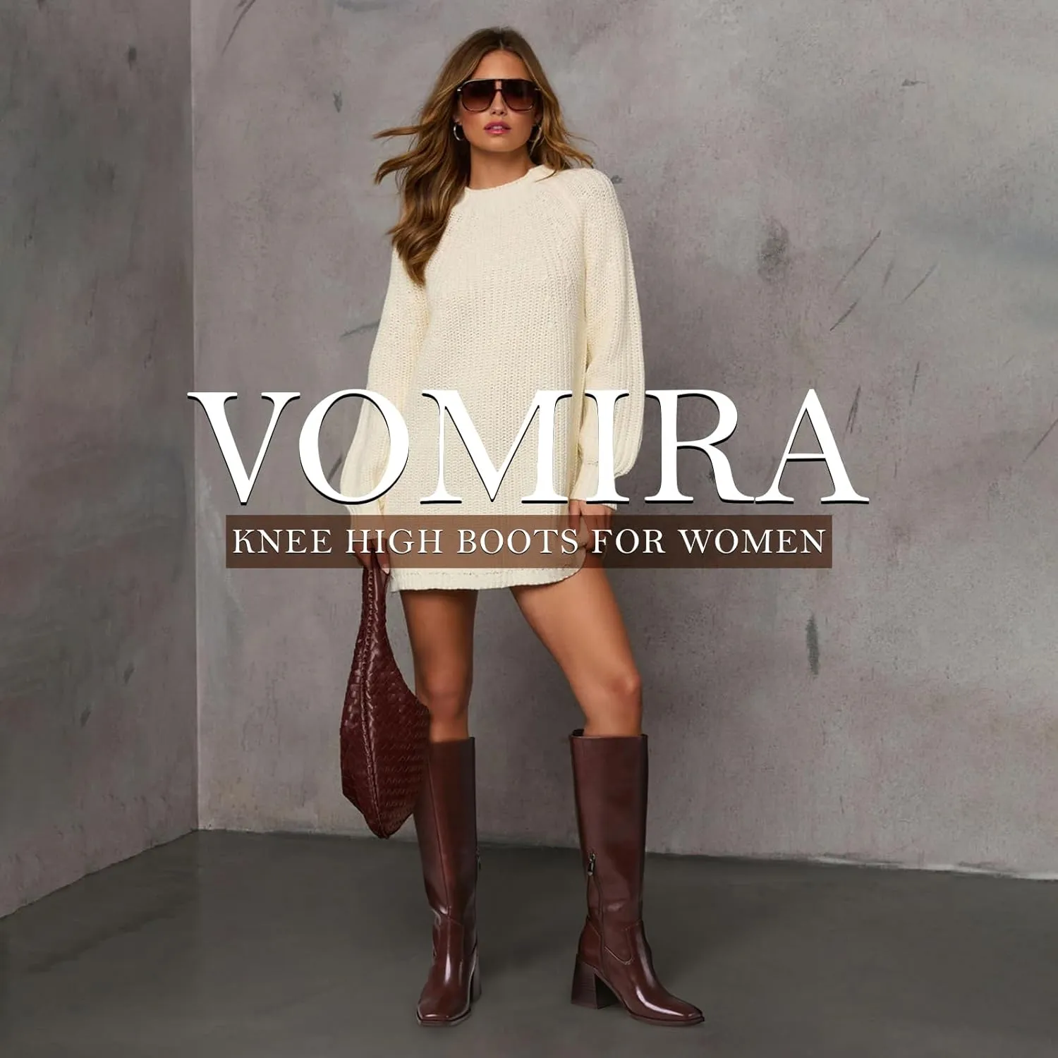 VOMIRA Knee High Boots Women Wide Calf Boots for Women Square Toe Tall Boots Chunky Heel Leather Long Boots Winter Fall Boots Black Boots for Women