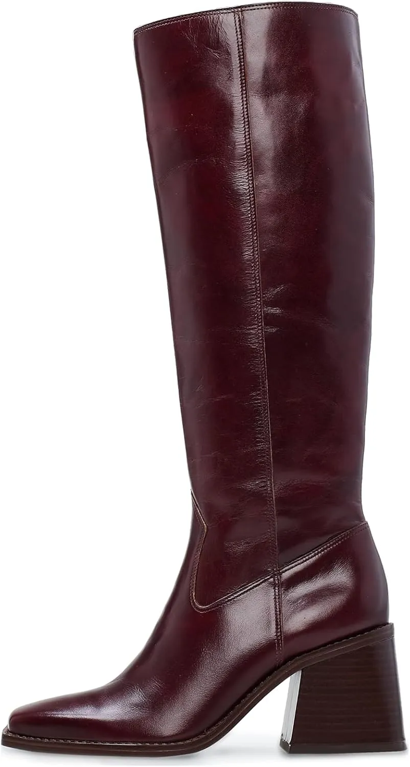 VOMIRA Knee High Boots Women Wide Calf Boots for Women Square Toe Tall Boots Chunky Heel Leather Long Boots Winter Fall Boots Black Boots for Women