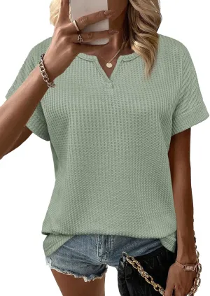 Waffle Knit Tops for Women V Neck Short Sleeve Casual Shirts Loose Summer Tunic Tops Blouses
