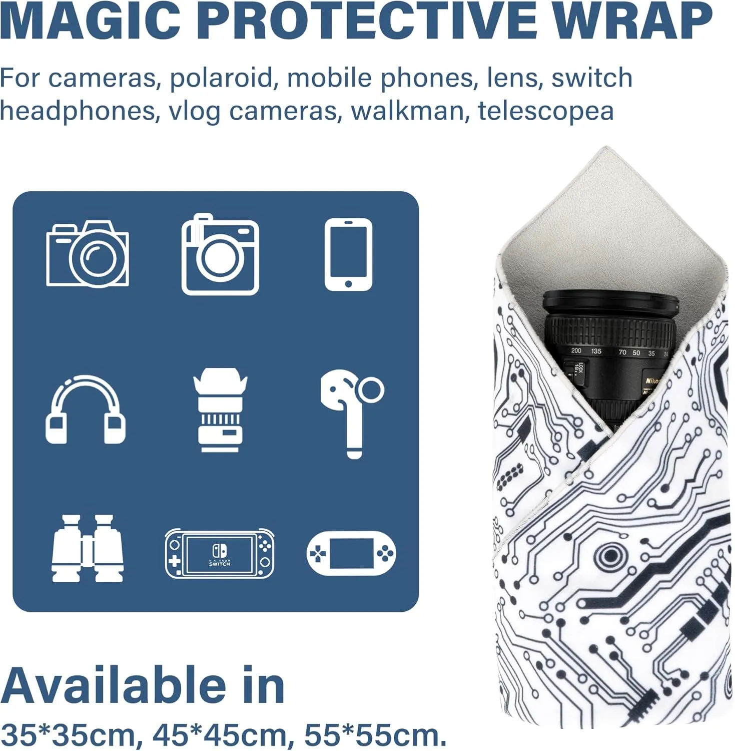 Walking Way Protective Wrap, Self-Adhesive Magic Cloth Camera Wrap, Storage Cloth, Anti-Scratch, Dustproof, Washable Lens Pouch for DSLR, Smartphones, Laptops, Cosmetic