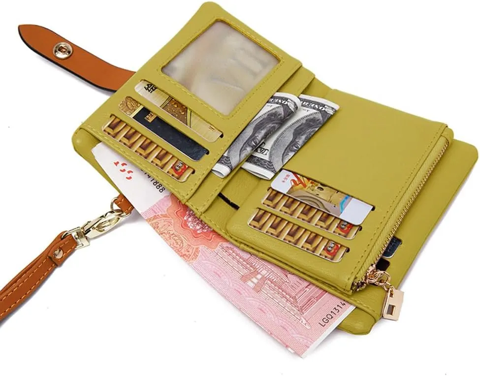 Wallets for Women Small Bifold Rfid Leather Ladies Wallets,Compact Wristlet Womens Billfold,Trifold Card Holder with Multi Credit Card Slot Zipper Coin Pocket and Wrist Strap(Green)