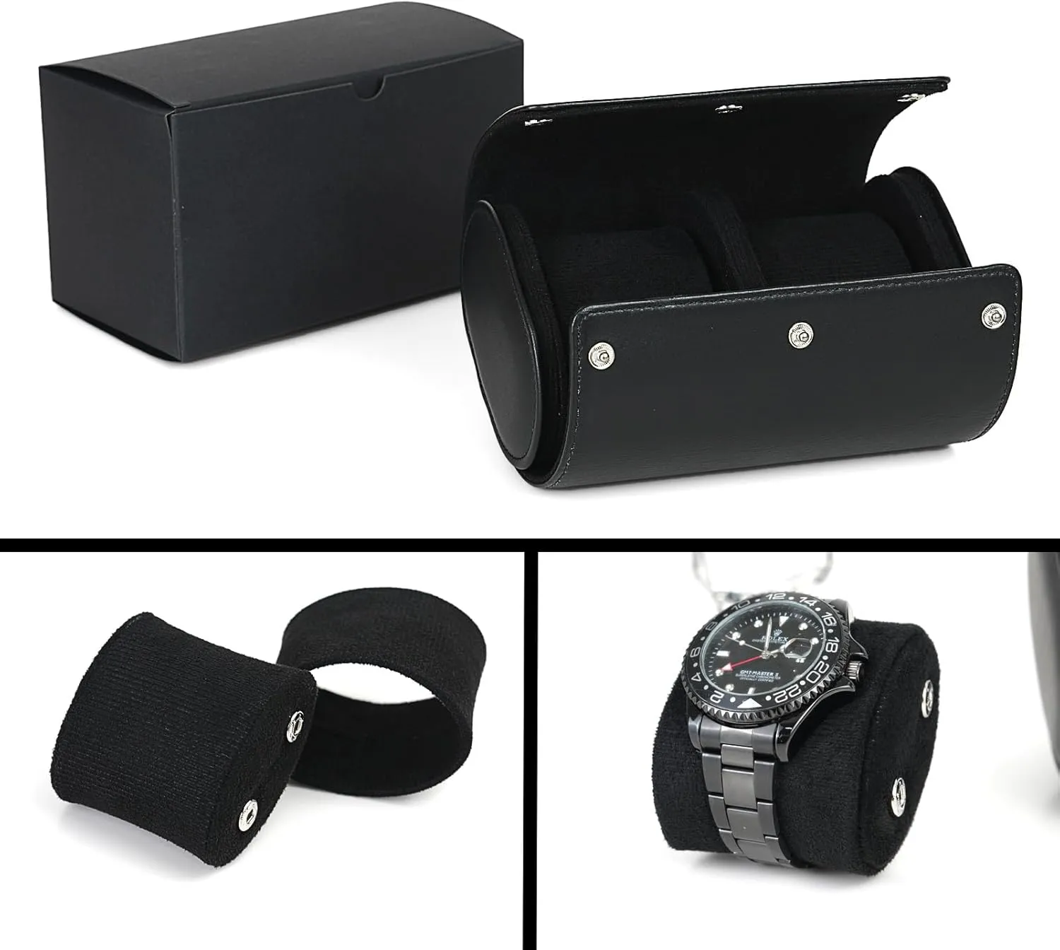 Watch Roll Travel Case, Real Genuine Leather, Two Watches Storage Carrying Box for Man and Women, Black (2W-BBL)