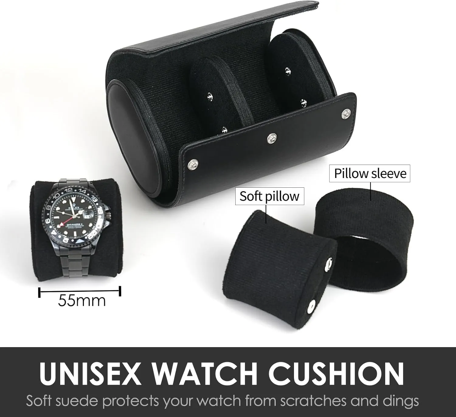 Watch Roll Travel Case, Real Genuine Leather, Two Watches Storage Carrying Box for Man and Women, Black (2W-BBL)