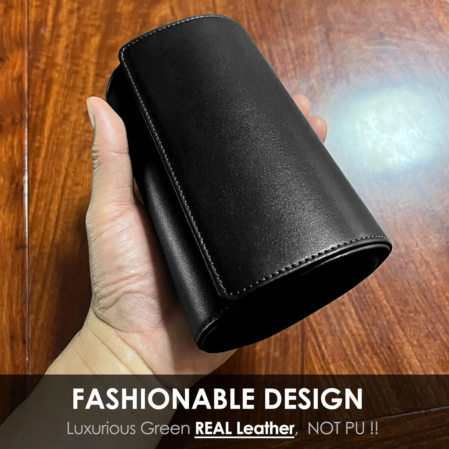 Watch Roll Travel Case, Real Genuine Leather, Two Watches Storage Carrying Box for Man and Women, Black (2W-BBL)