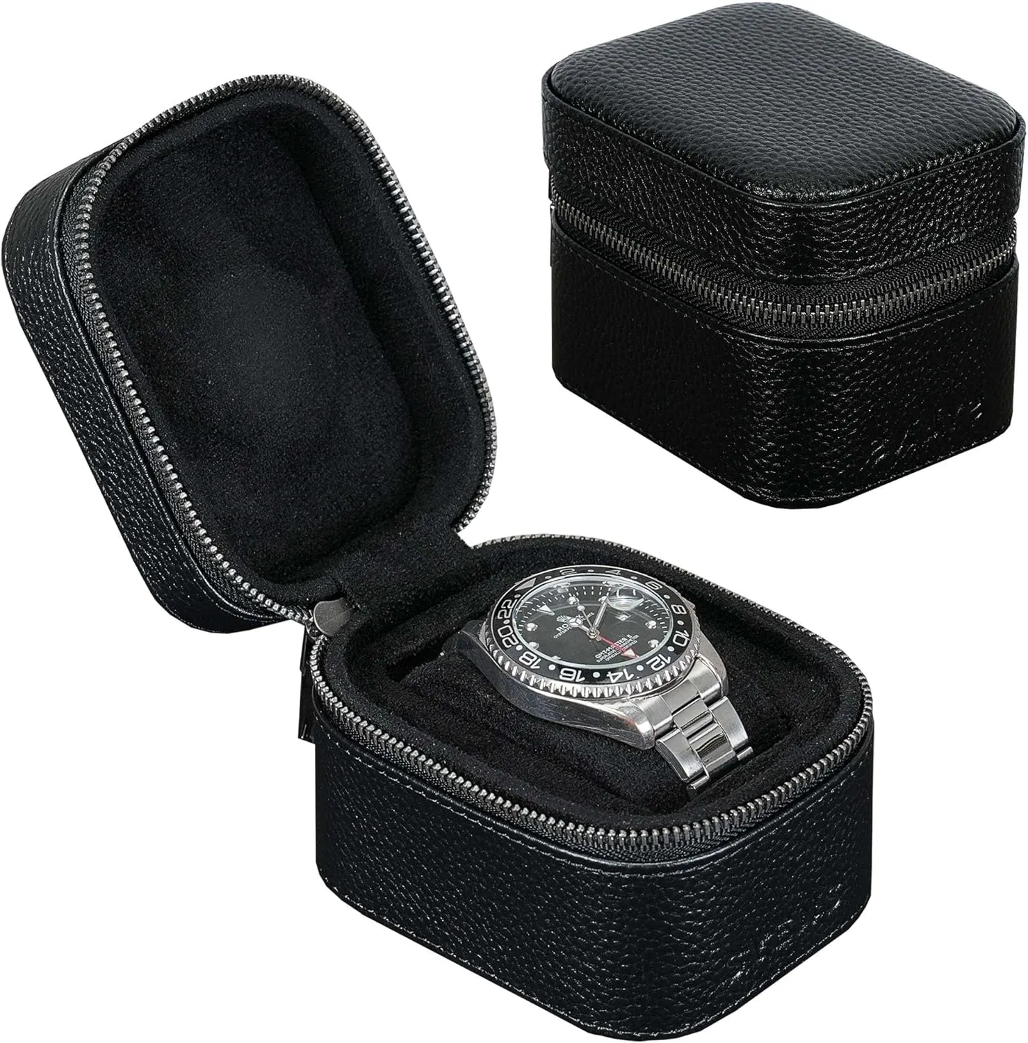 Watch Travel Box, Real Genuine Leather Single Watch Roll Case for Man and Women Watch Packing Storage Organizer with Suede to Protection Zipper Fit All Watches Up to 60mm (1W-Z-BB)