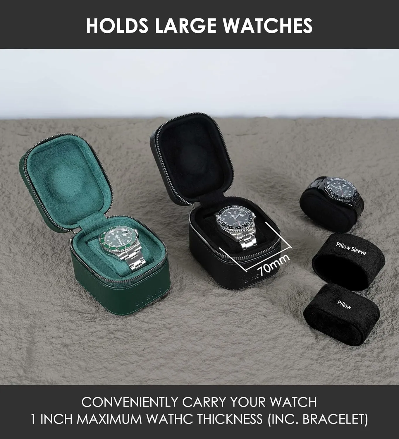 Watch Travel Box, Real Genuine Leather Single Watch Roll Case for Man and Women Watch Packing Storage Organizer with Suede to Protection Zipper Fit All Watches Up to 60mm (1W-Z-BB)
