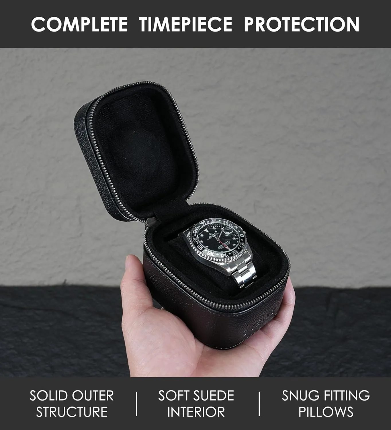 Watch Travel Box, Real Genuine Leather Single Watch Roll Case for Man and Women Watch Packing Storage Organizer with Suede to Protection Zipper Fit All Watches Up to 60mm (1W-Z-BB)