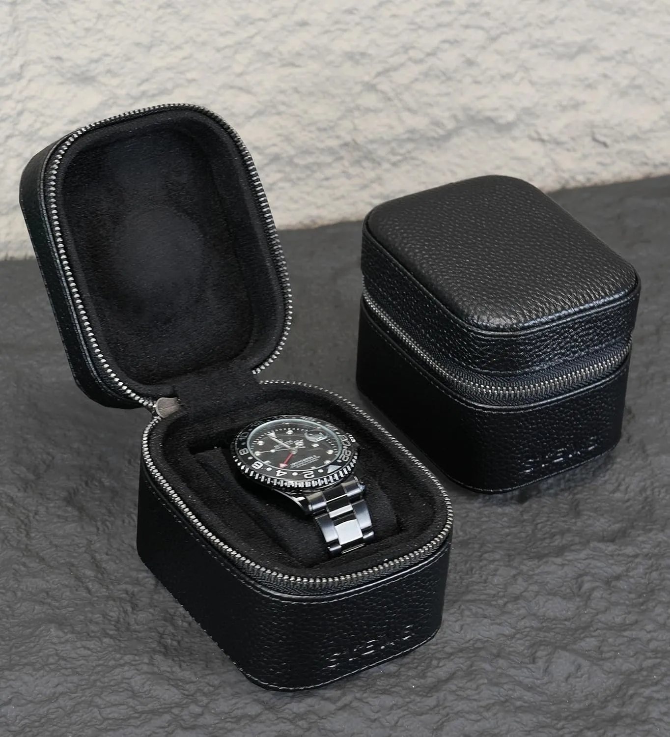Watch Travel Box, Real Genuine Leather Single Watch Roll Case for Man and Women Watch Packing Storage Organizer with Suede to Protection Zipper Fit All Watches Up to 60mm (1W-Z-BB)