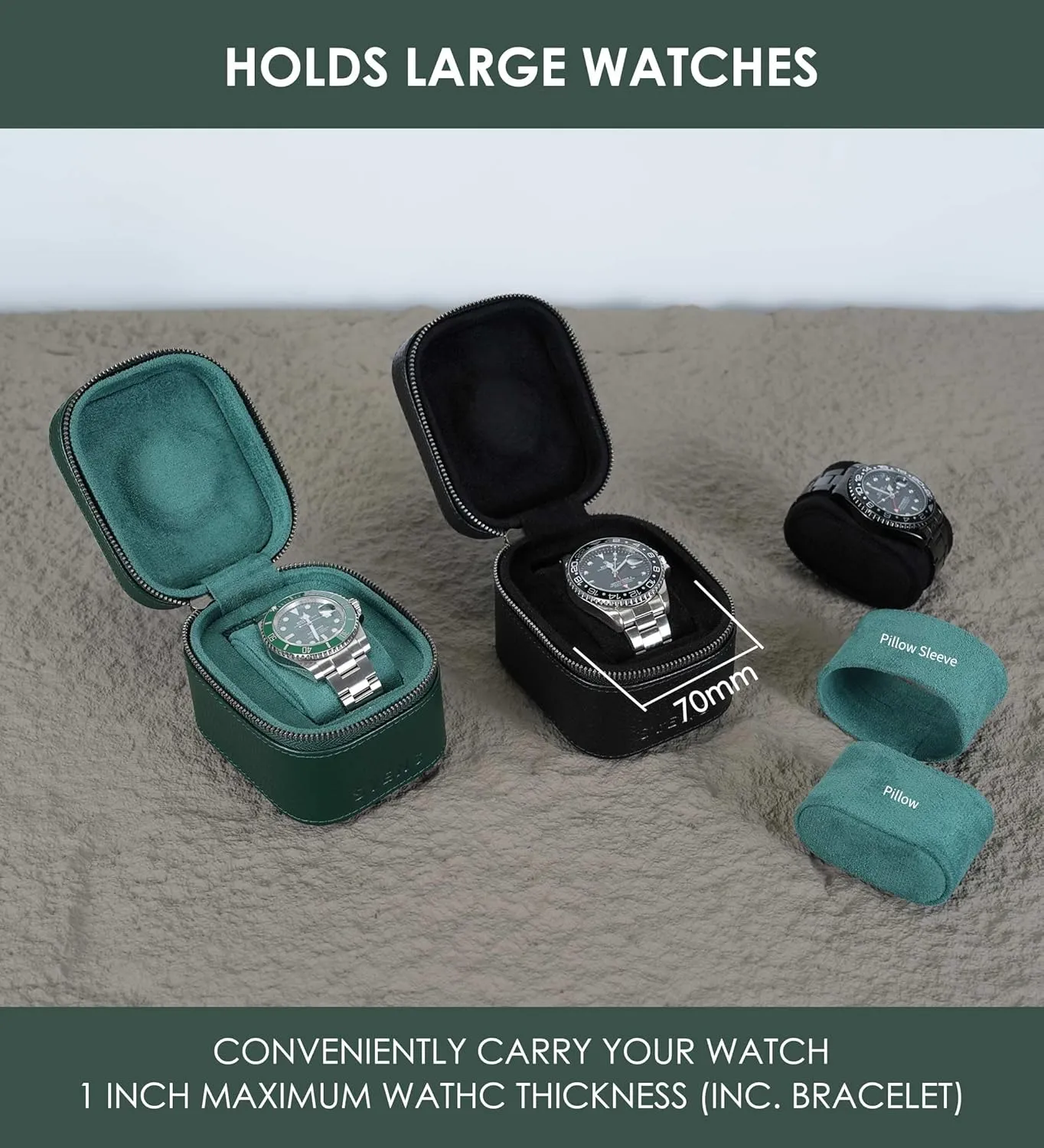 Watch Travel Box, Real Genuine Leather Single Watch Roll Case for Man and Women Watch Packing Storage Organizer with Suede to Protection Zipper Fit All Watches Up to 60mm (1W-Z-GRR)