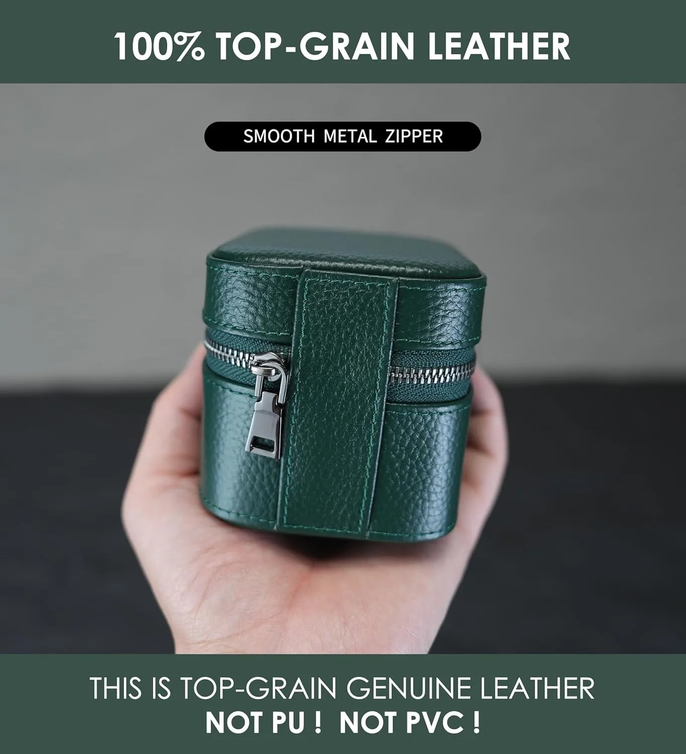 Watch Travel Box, Real Genuine Leather Single Watch Roll Case for Man and Women Watch Packing Storage Organizer with Suede to Protection Zipper Fit All Watches Up to 60mm (1W-Z-GRR)