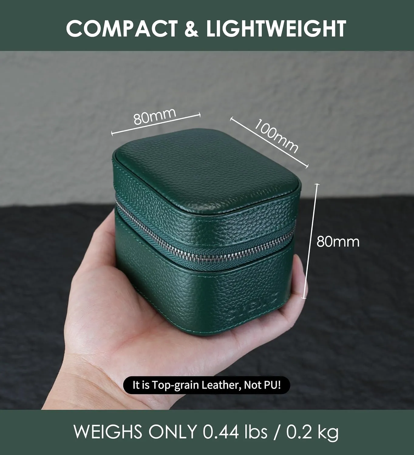 Watch Travel Box, Real Genuine Leather Single Watch Roll Case for Man and Women Watch Packing Storage Organizer with Suede to Protection Zipper Fit All Watches Up to 60mm (1W-Z-GRR)