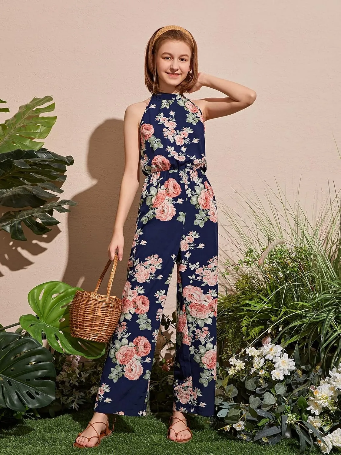 WDIRARA Girl's Floral Print Halter Sleeveless Wide Leg High Waist Button Back Boho Long Jumpsuit Romper