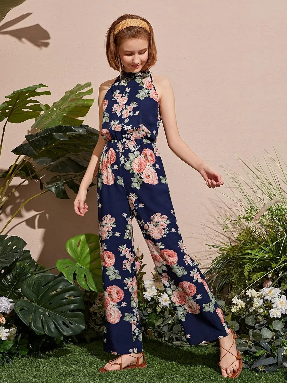 WDIRARA Girl's Floral Print Halter Sleeveless Wide Leg High Waist Button Back Boho Long Jumpsuit Romper