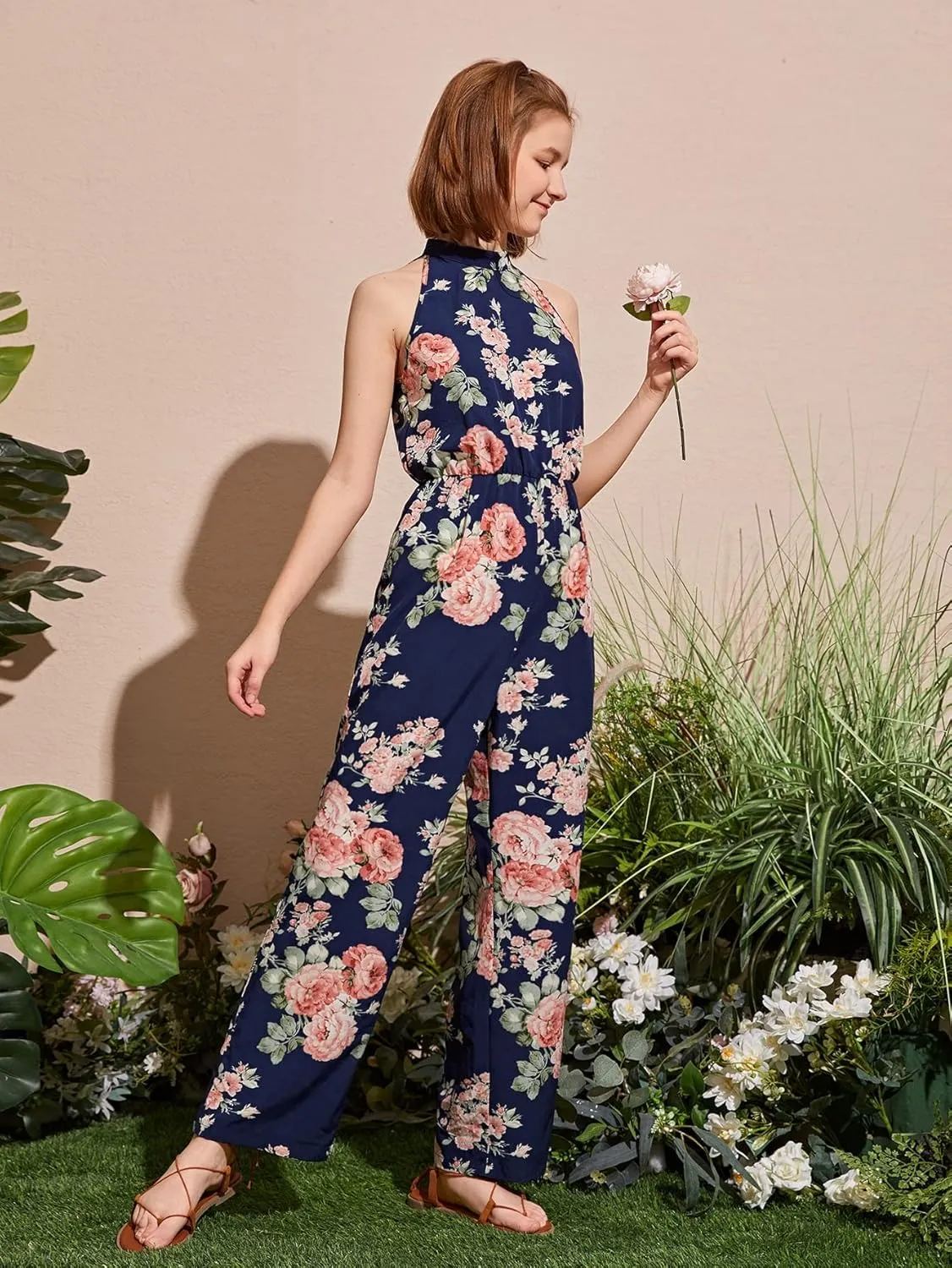 WDIRARA Girl's Floral Print Halter Sleeveless Wide Leg High Waist Button Back Boho Long Jumpsuit Romper