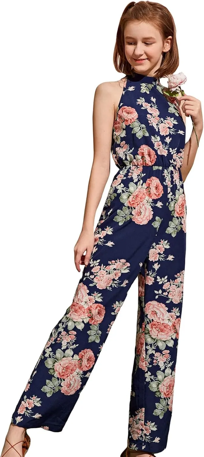 WDIRARA Girl's Floral Print Halter Sleeveless Wide Leg High Waist Button Back Boho Long Jumpsuit Romper