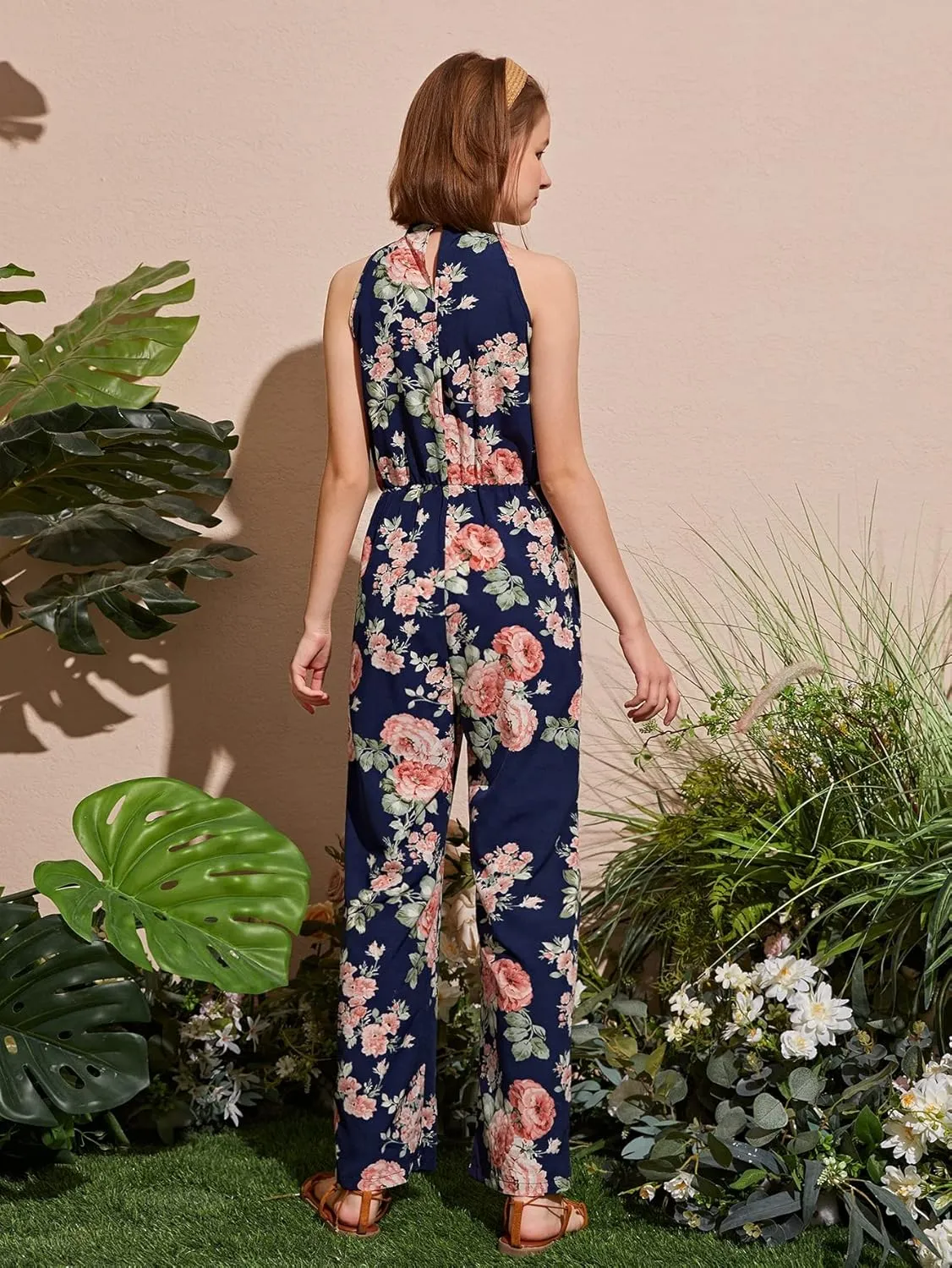 WDIRARA Girl's Floral Print Halter Sleeveless Wide Leg High Waist Button Back Boho Long Jumpsuit Romper