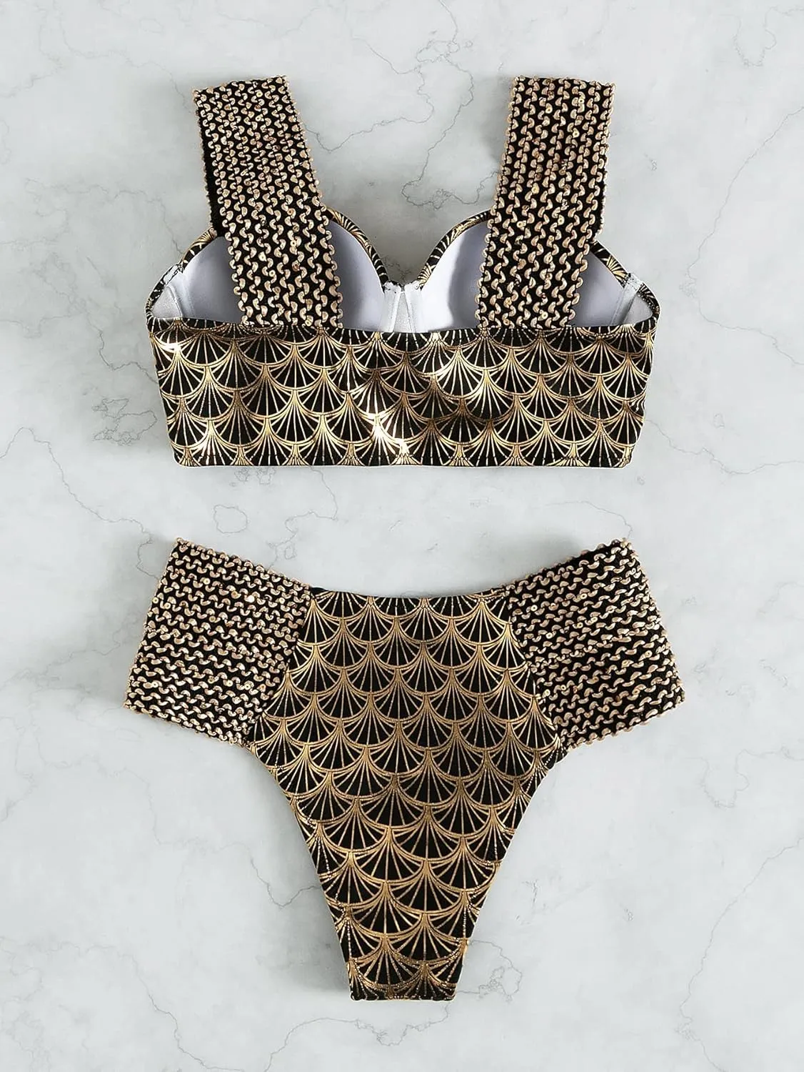 WDIRARA Women's Metallic Print Wide Strap Cheeky Bottom Push Up 2 Piece Set Bikini Swimsuit