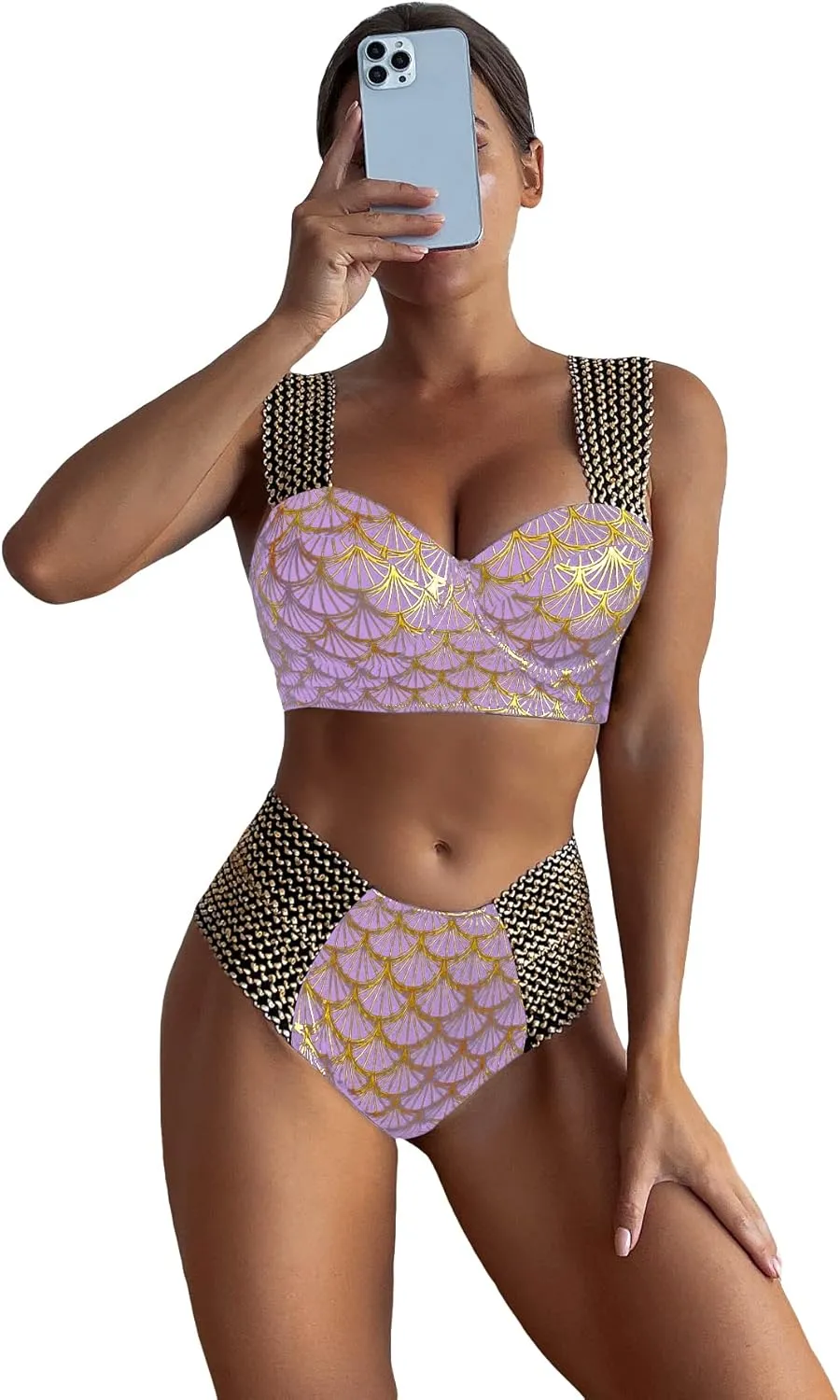 WDIRARA Women's Metallic Print Wide Strap Cheeky Bottom Push Up 2 Piece Set Bikini Swimsuit