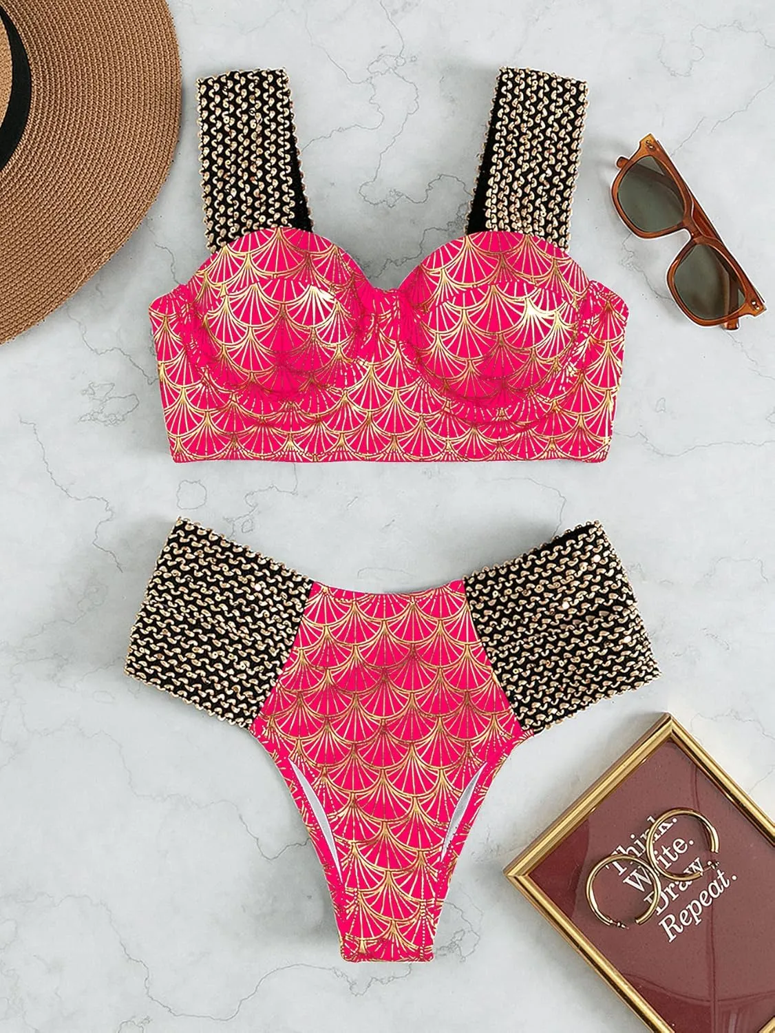 WDIRARA Women's Metallic Print Wide Strap Cheeky Bottom Push Up 2 Piece Set Bikini Swimsuit
