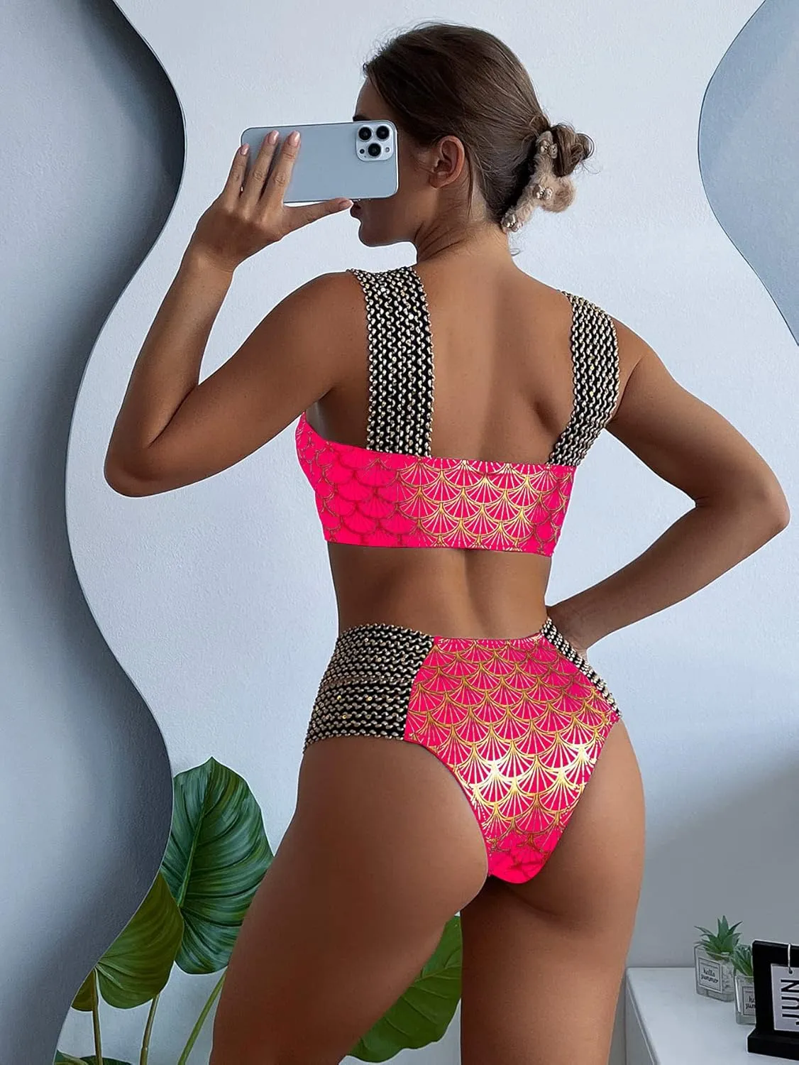 WDIRARA Women's Metallic Print Wide Strap Cheeky Bottom Push Up 2 Piece Set Bikini Swimsuit