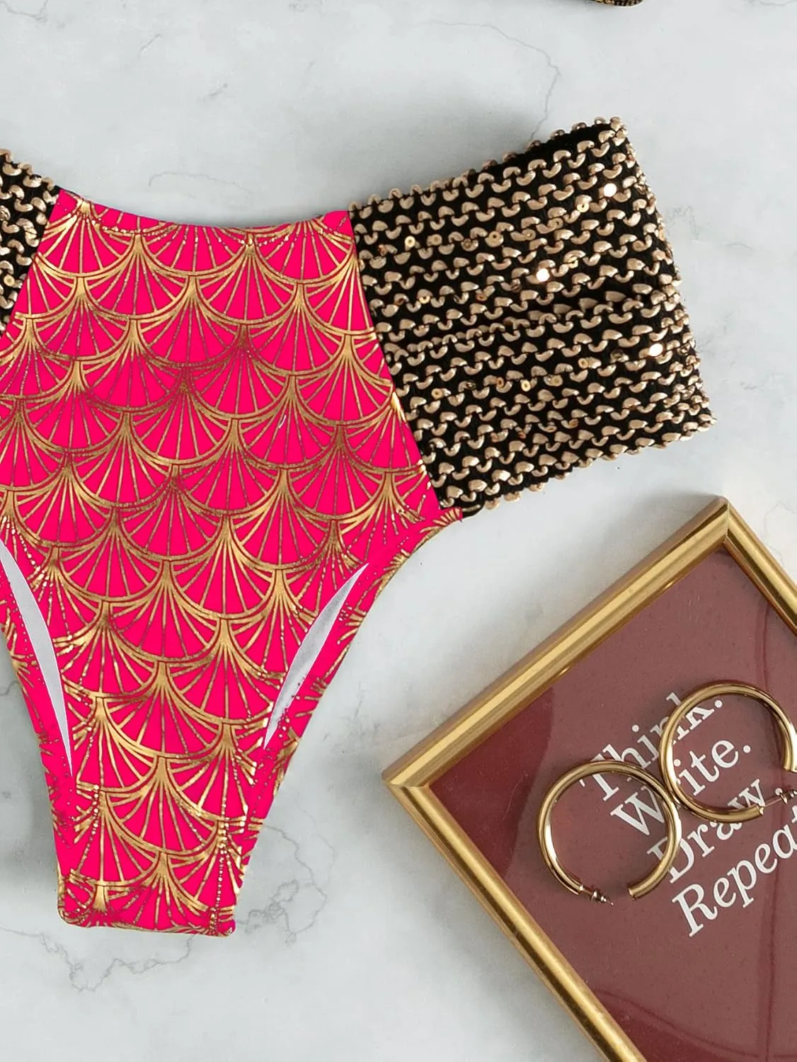 WDIRARA Women's Metallic Print Wide Strap Cheeky Bottom Push Up 2 Piece Set Bikini Swimsuit