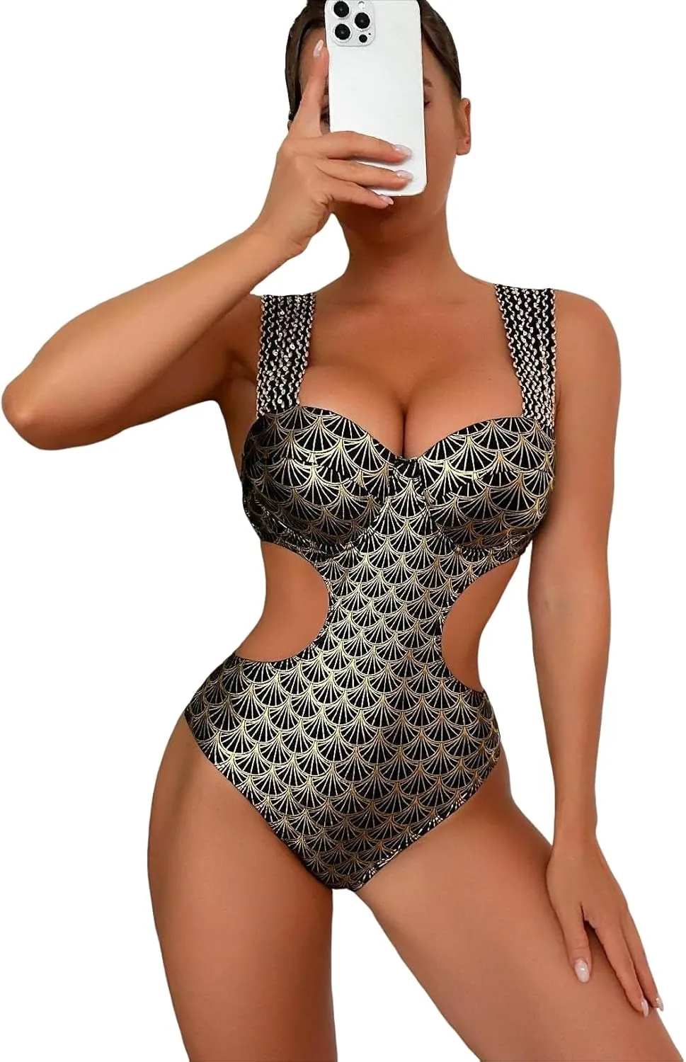 WDIRARA Women's Metallic Print Wide Strap Cheeky Bottom Push Up 2 Piece Set Bikini Swimsuit