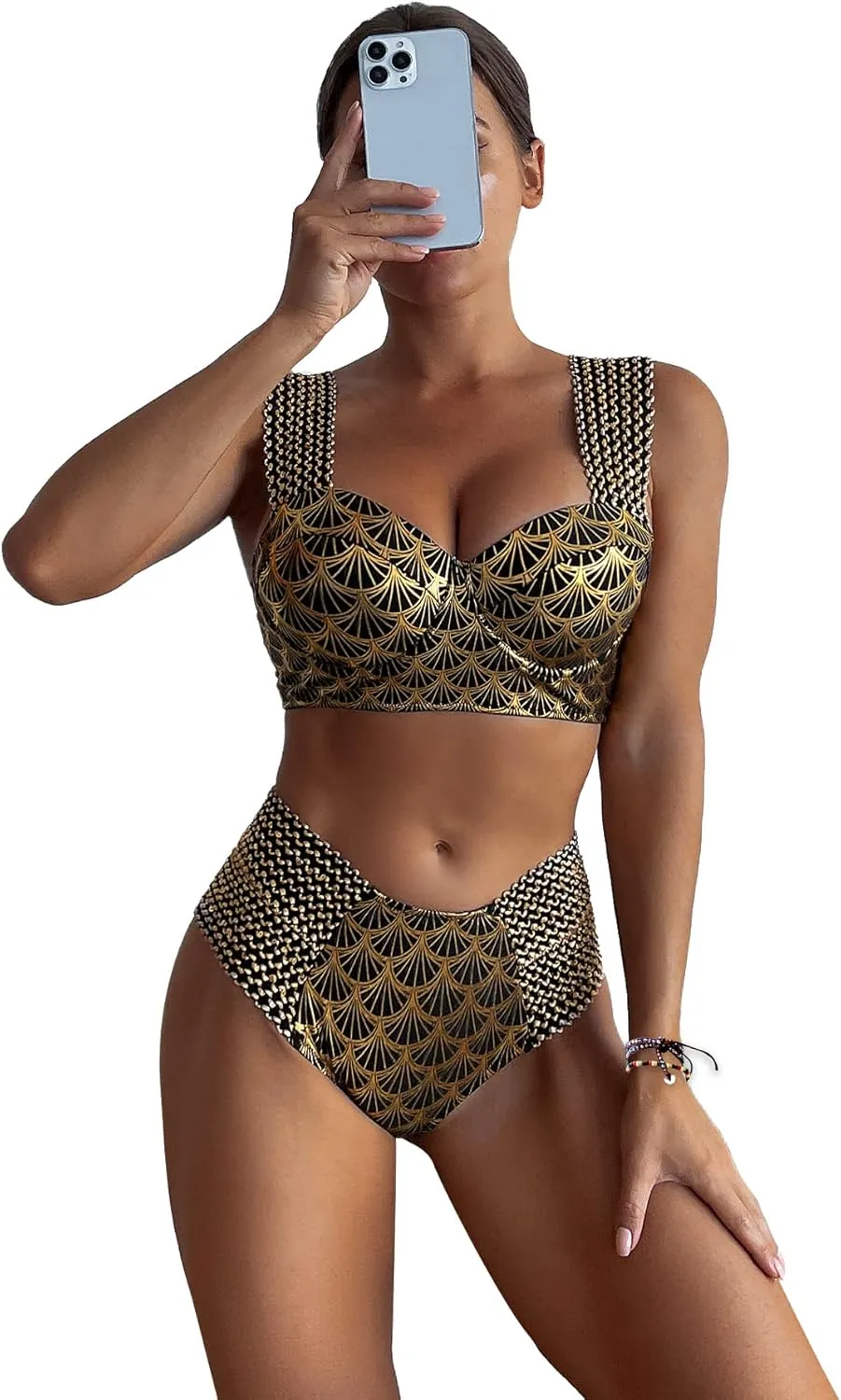 WDIRARA Women's Metallic Print Wide Strap Cheeky Bottom Push Up 2 Piece Set Bikini Swimsuit