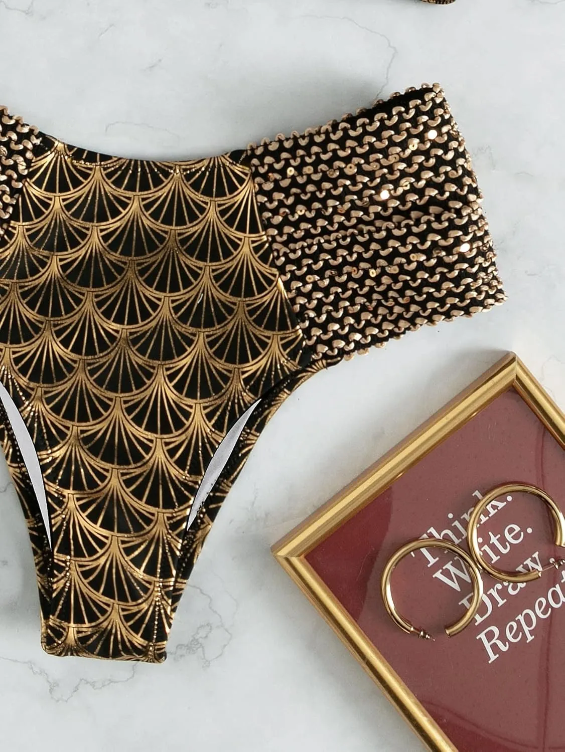 WDIRARA Women's Metallic Print Wide Strap Cheeky Bottom Push Up 2 Piece Set Bikini Swimsuit