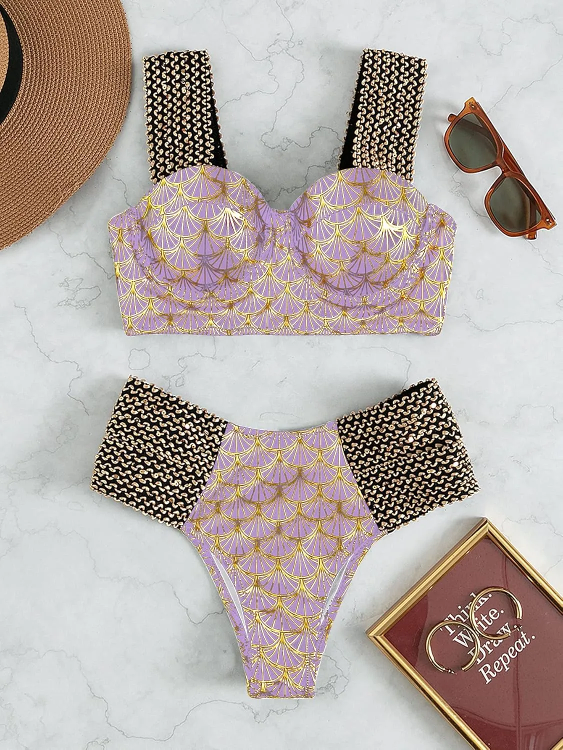 WDIRARA Women's Metallic Print Wide Strap Cheeky Bottom Push Up 2 Piece Set Bikini Swimsuit