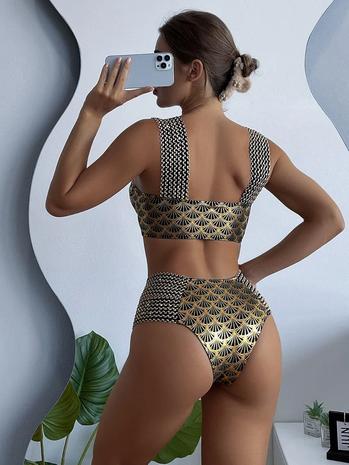 WDIRARA Women's Metallic Print Wide Strap Cheeky Bottom Push Up 2 Piece Set Bikini Swimsuit