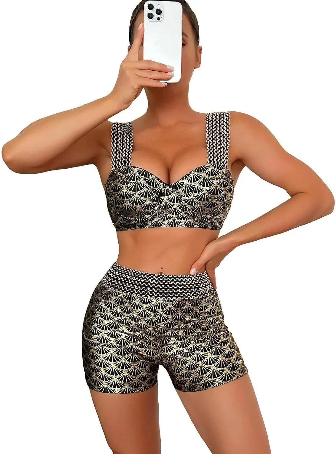 WDIRARA Women's Metallic Print Wide Strap Cheeky Bottom Push Up 2 Piece Set Bikini Swimsuit