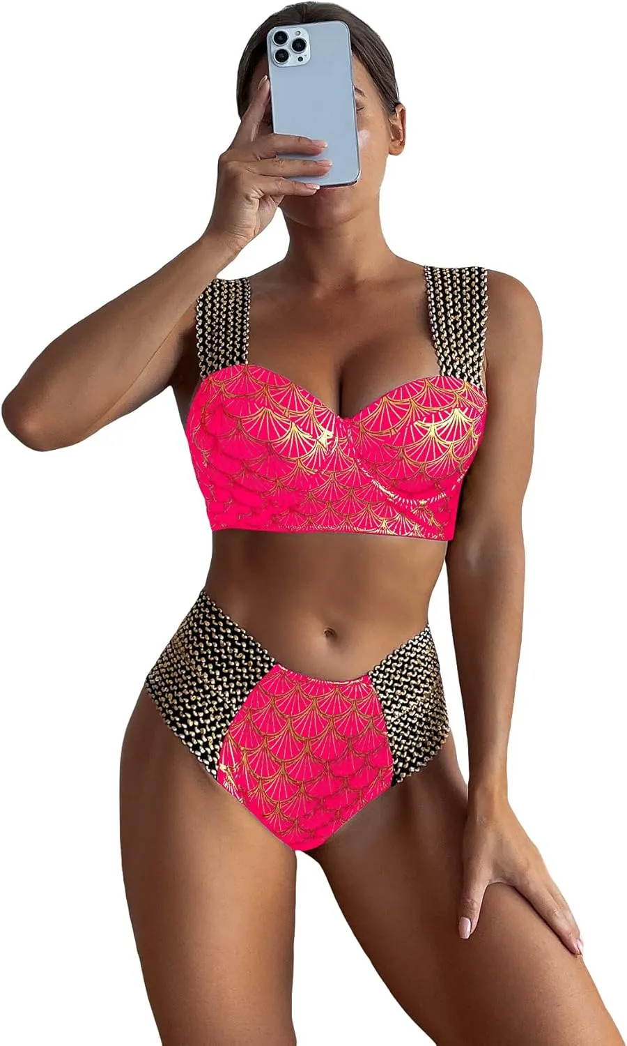 WDIRARA Women's Metallic Print Wide Strap Cheeky Bottom Push Up 2 Piece Set Bikini Swimsuit