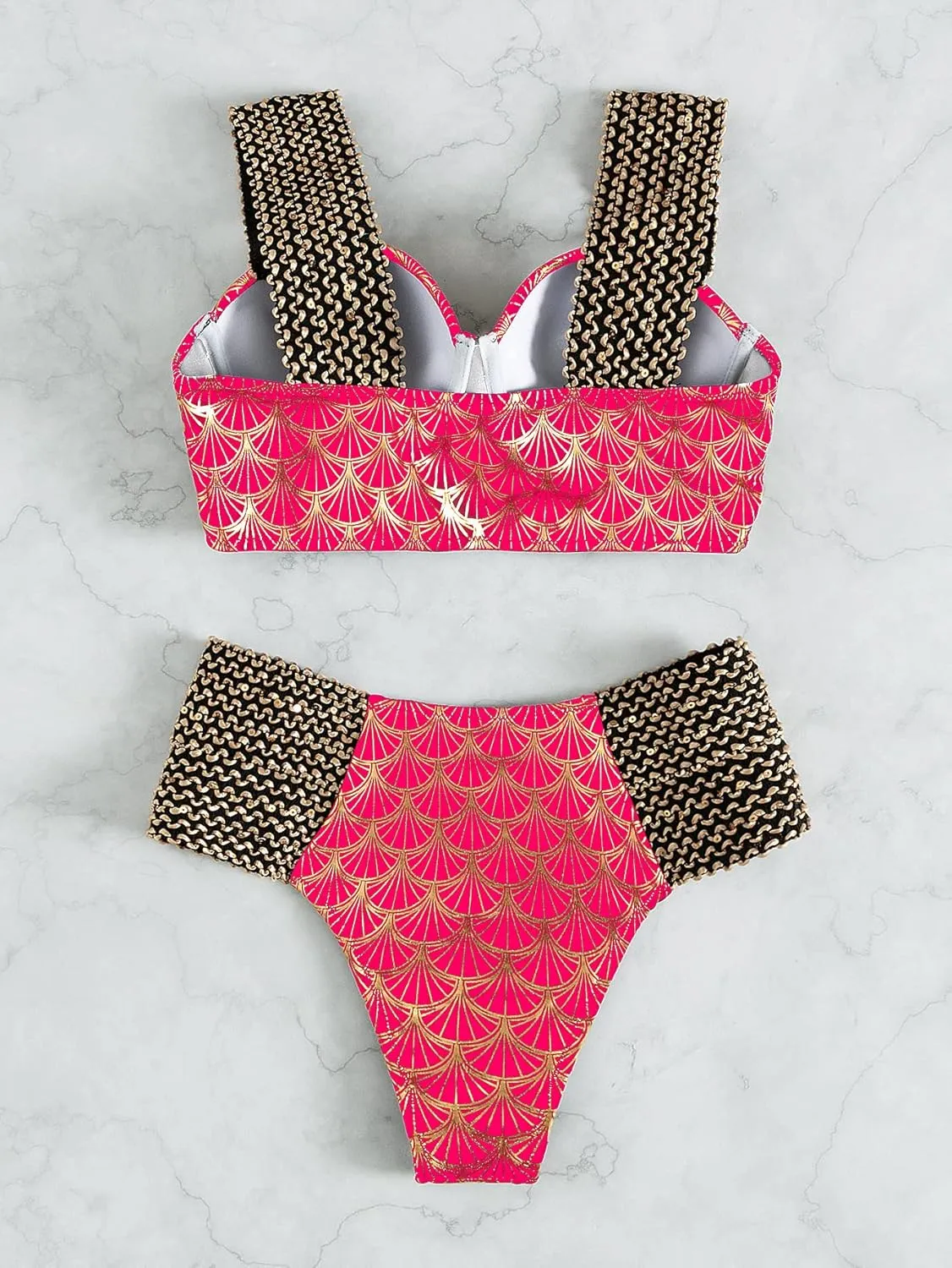 WDIRARA Women's Metallic Print Wide Strap Cheeky Bottom Push Up 2 Piece Set Bikini Swimsuit
