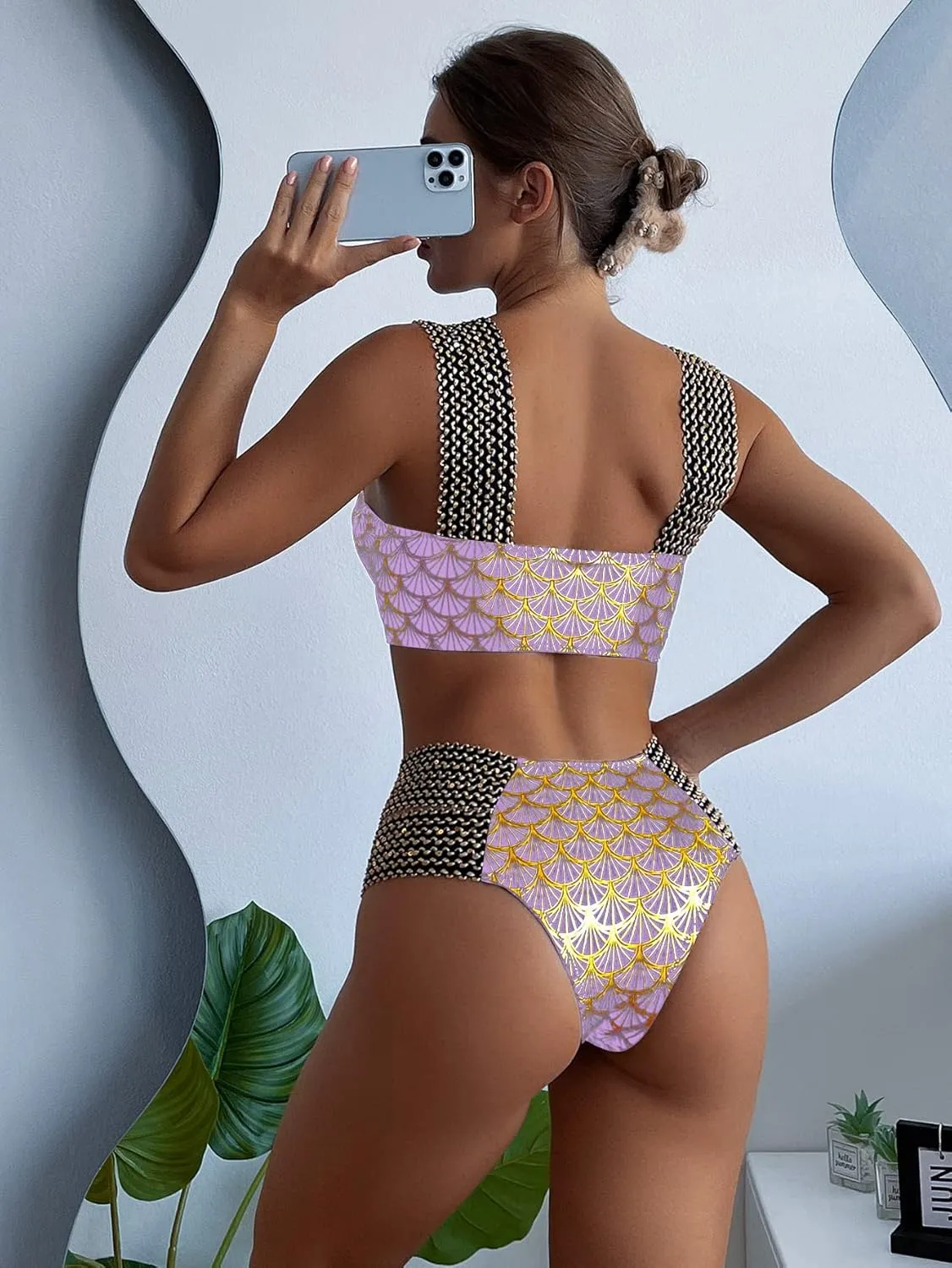 WDIRARA Women's Metallic Print Wide Strap Cheeky Bottom Push Up 2 Piece Set Bikini Swimsuit