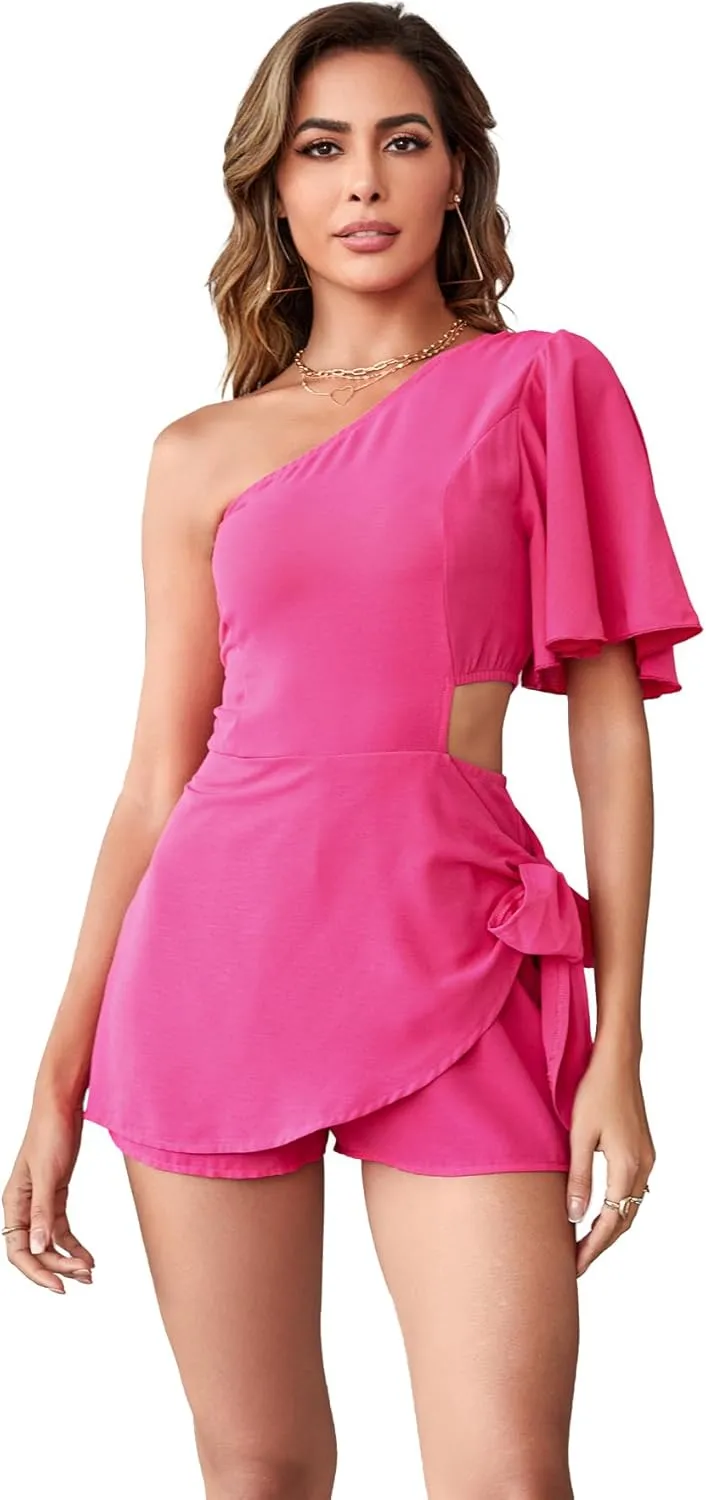 WDIRARA Women's One Shoulder Ruffle Short Sleeve Wrap Tie Side Romper Shorts Jumpsuits