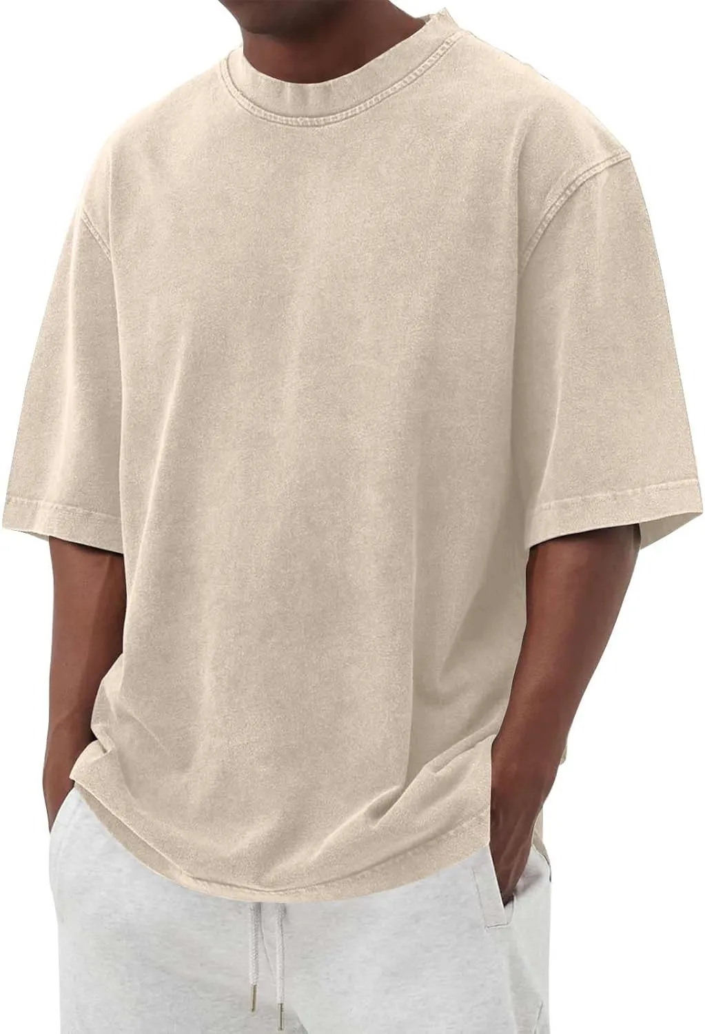 WENKOMG1 Cotton Shirt for Men Loose Fit Distressed Casual Half Sleeve T-Shirt Summer Retro Style Crewneck Pullover