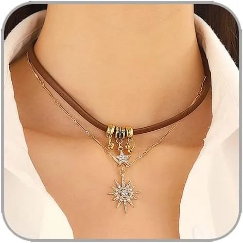 Western Necklaces for Women Layered Boho Brown Leather Necklace Sun Star Cross Pendant Choker Necklace Gothic Necklace Western Accessories for Women