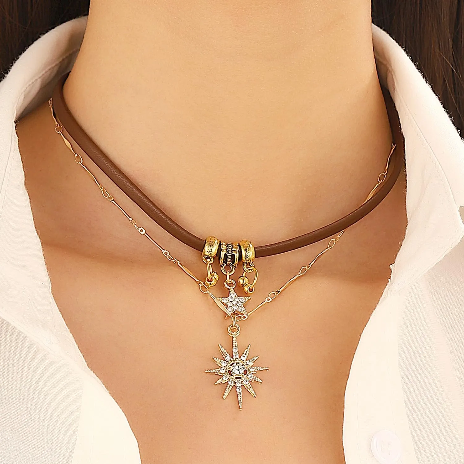 Western Necklaces for Women Layered Boho Brown Leather Necklace Sun Star Cross Pendant Choker Necklace Gothic Necklace Western Accessories for Women