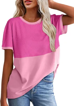WIHOLL Womens Casual Crew Neck Ribbed Tops Short Sleeve T Shirts Summer Loose Blouses
