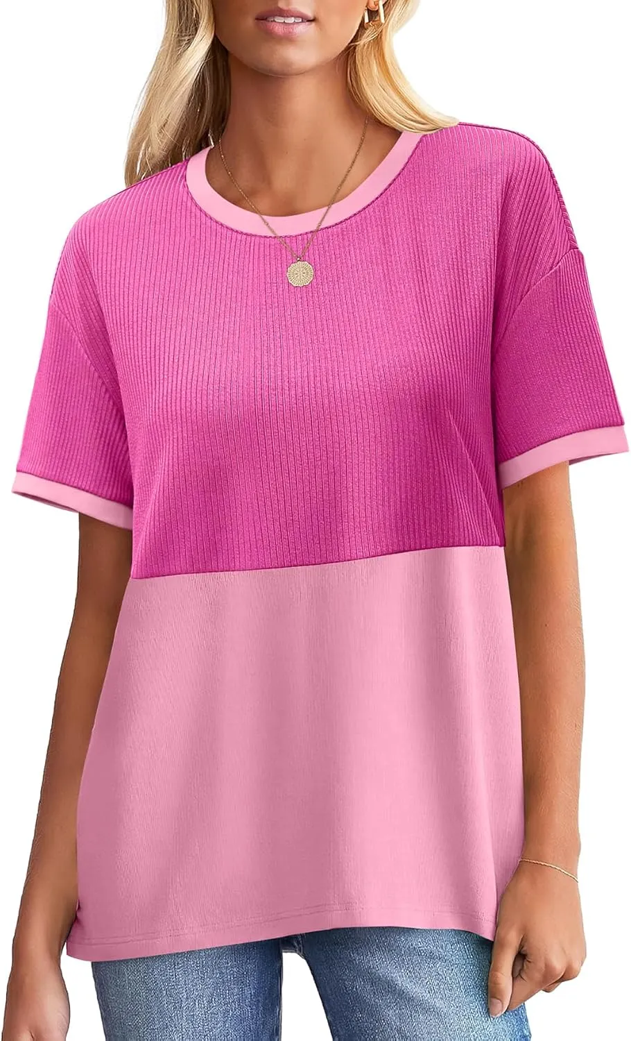 WIHOLL Womens Casual Crew Neck Ribbed Tops Short Sleeve T Shirts Summer Loose Blouses