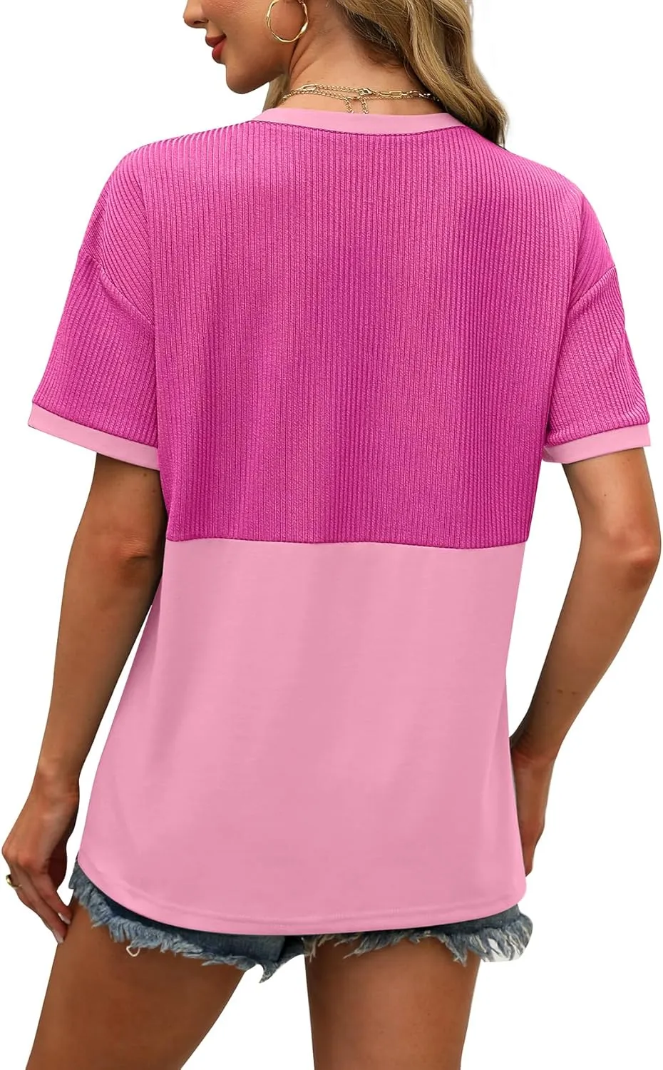 WIHOLL Womens Casual Crew Neck Ribbed Tops Short Sleeve T Shirts Summer Loose Blouses