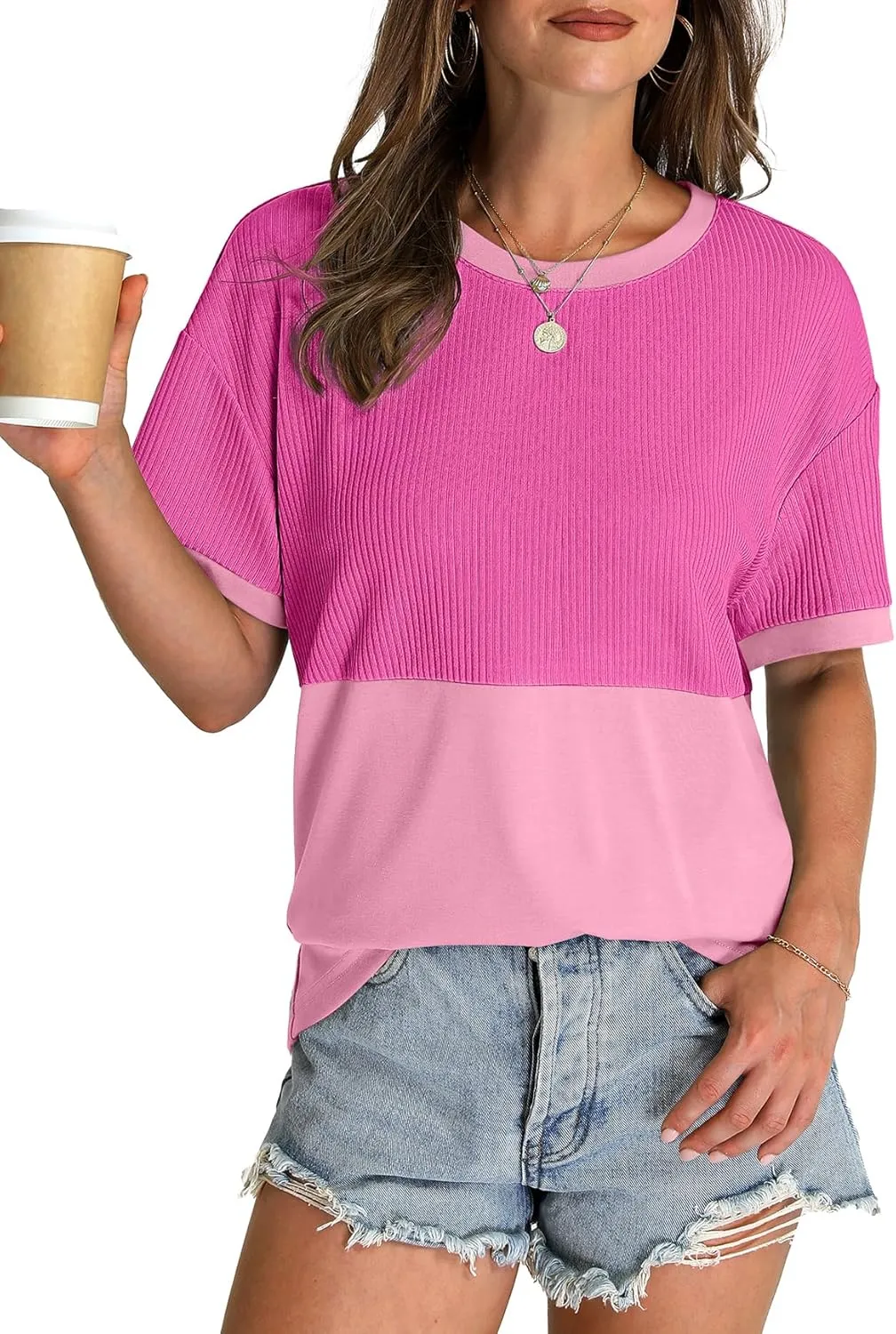 WIHOLL Womens Casual Crew Neck Ribbed Tops Short Sleeve T Shirts Summer Loose Blouses