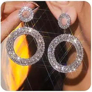 Wiwpar Sparkly Rhinestone Round Dangle Drop Earrings Crystal Hollow Circle Statement Chandelier Drop Dangle Earrings for Women Wedding Bar Prom