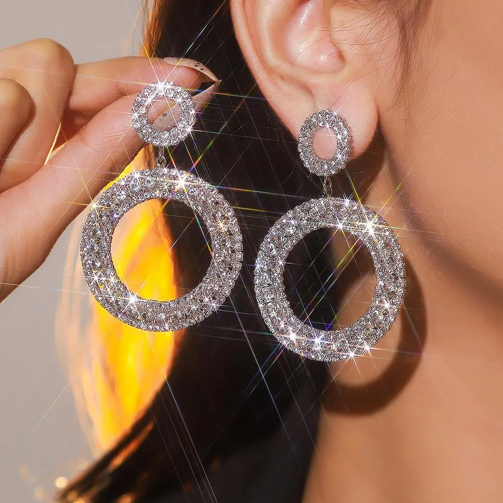 Wiwpar Sparkly Rhinestone Round Dangle Drop Earrings Crystal Hollow Circle Statement Chandelier Drop Dangle Earrings for Women Wedding Bar Prom