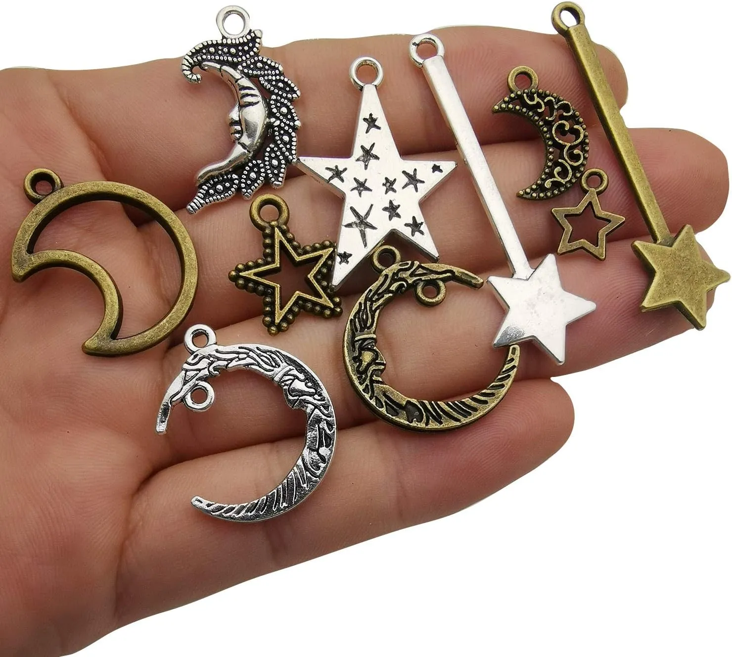 WOCRAFT 100g(About 76pcs) Craft Supplies Small Antique Bronze Silver Sun Moon Star Charms Pendants for Jewelry Making Findings Crafting Accessory for DIY Necklace Bracelet (M206)