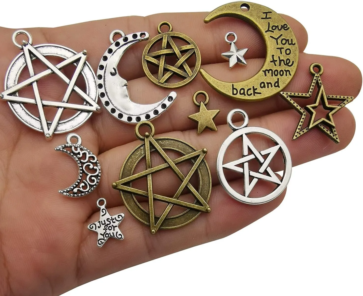 WOCRAFT 100g(About 76pcs) Craft Supplies Small Antique Bronze Silver Sun Moon Star Charms Pendants for Jewelry Making Findings Crafting Accessory for DIY Necklace Bracelet (M206)